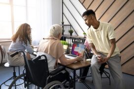 A group of people sitting around a table in a wheelchair.