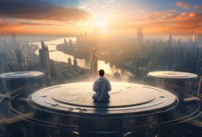 A person in white sits on a futuristic platform overlooking a sprawling cityscape at sunrise, with tall buildings and a river visible below.